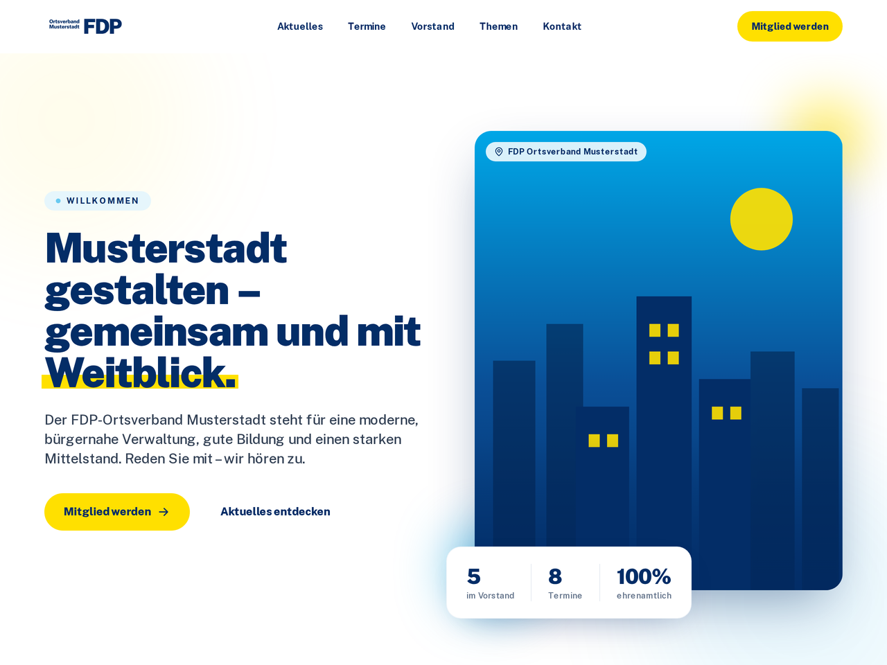 Startseite der Muster-Verbandswebseite mit Hero-Bereich, Slogan und Kennzahlen